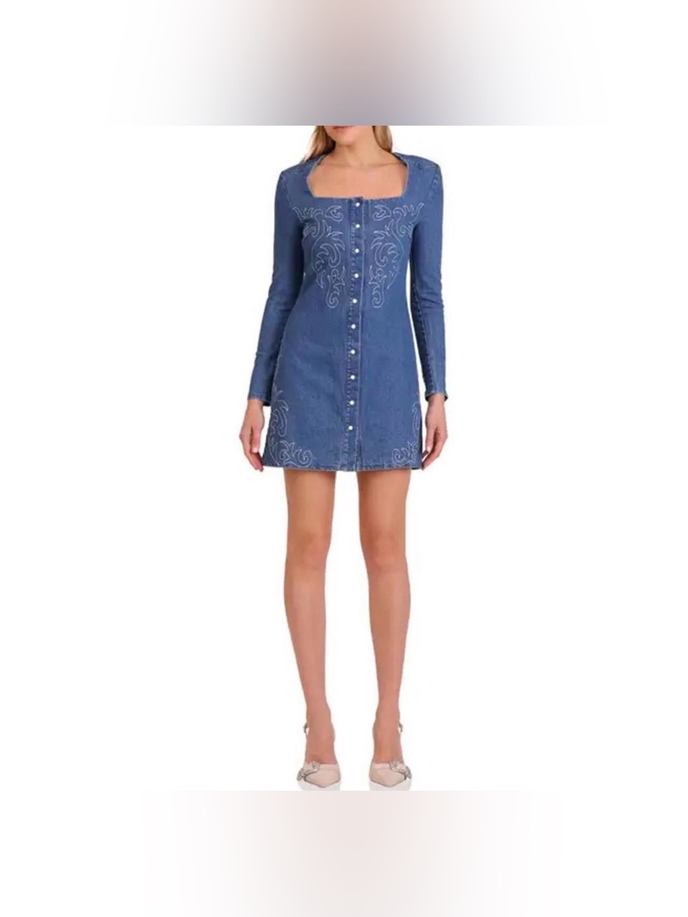 Avec Les Filles Blue Denim Square-Neck Button Mini Dress